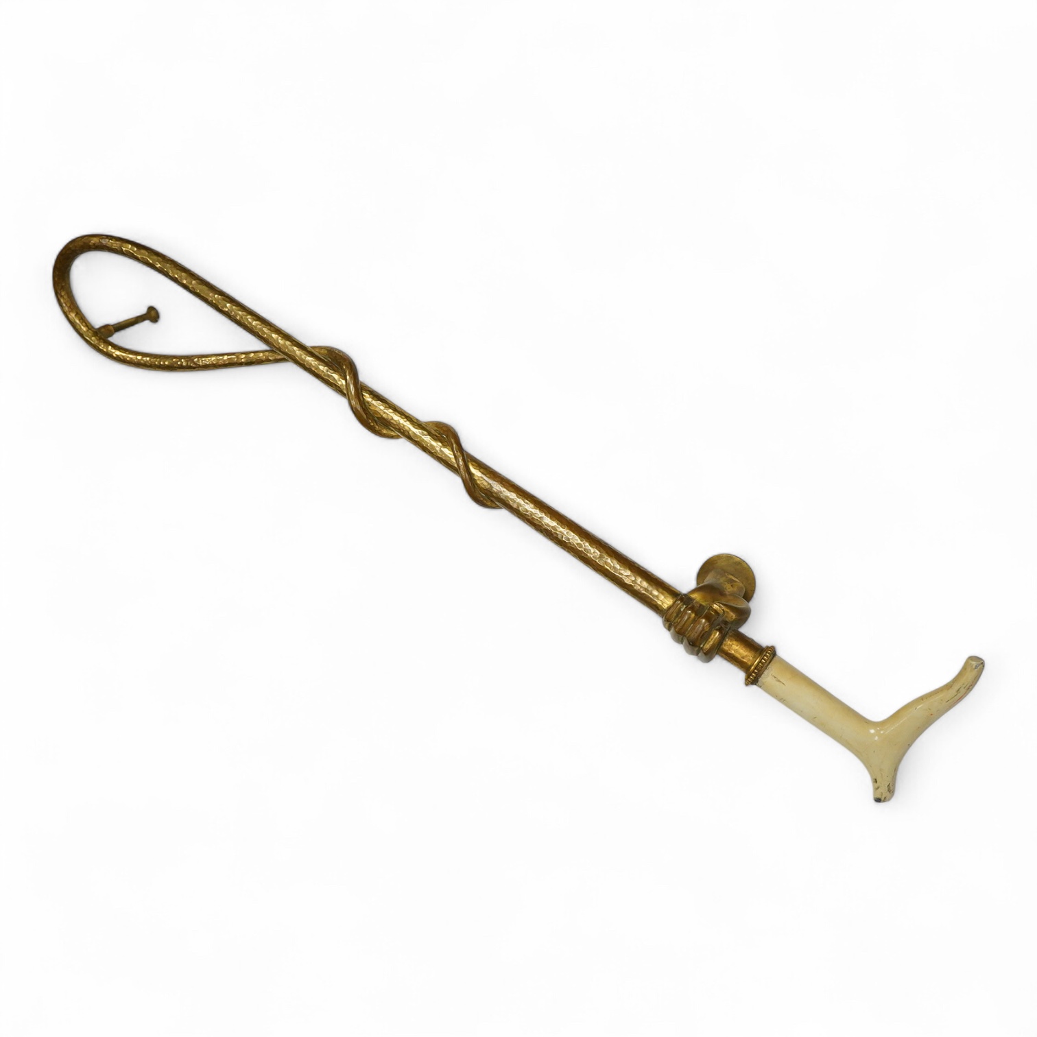 An unusual early 20th century gilt bronze or brass ‘riding crop and hand’ door handle, 65cm